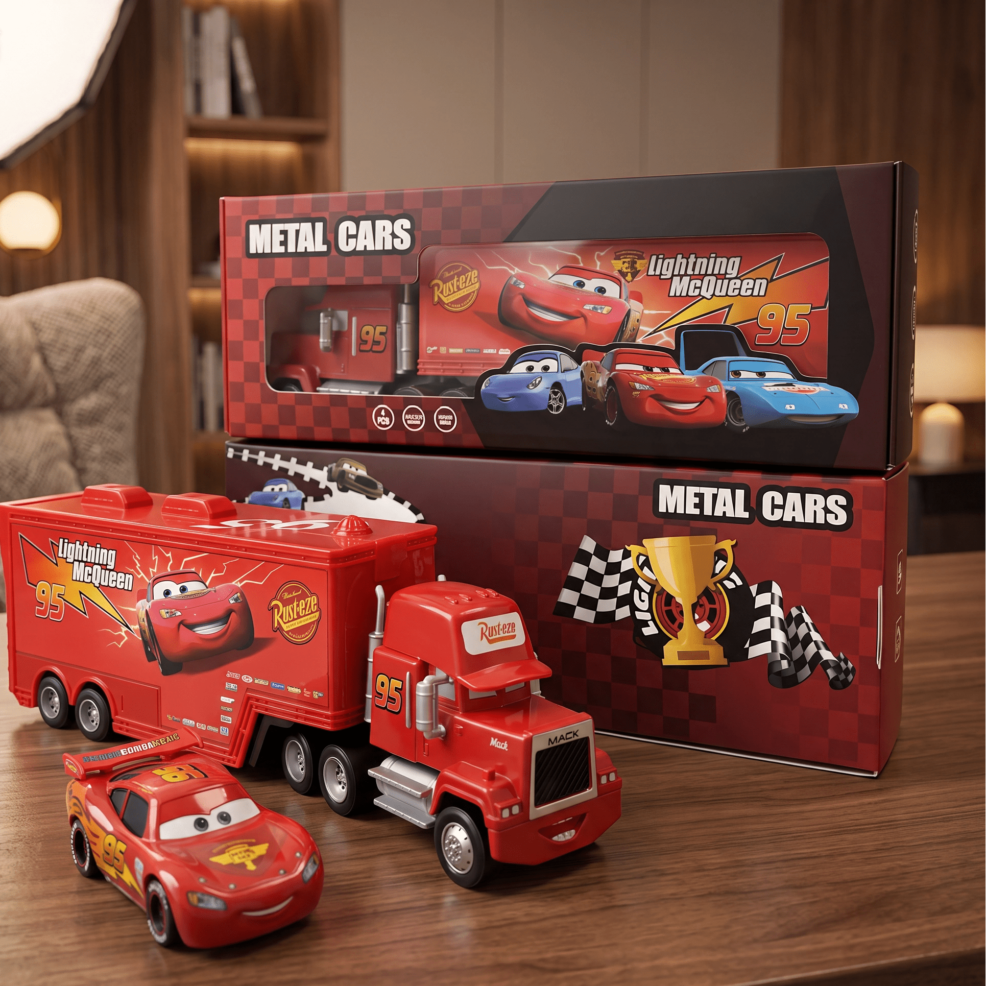 A toy set featuring a red semi-truck trailer and matching Lightning McQueen car